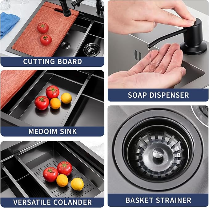 Black Kitchen Sink Modern 33x22 Drop In Kitchen Sink with Faucet Large Gunmetal Black Stainless Steel Sink Single Bowl Workstation Top Mount Kitchen Sinks