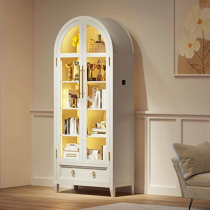 HNEBC Book Shelf with LED Lights, Arched Display Case with Storage Cabinet, Smart File Cabinet with Glass Door, Curio Cabinet with Solid Wood Legs for Home Office/Bedroom Furnniture-White