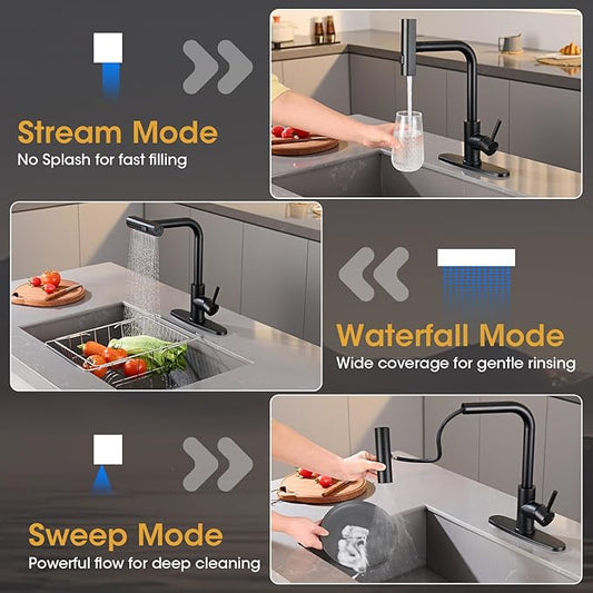 Waterfall Kitchen Faucet with Pull Down Sprayer, ARTIQUA Black Single Handle Kitchen Sink Faucet with Deck Plate Fits 1 or 3 Hole, for Bar RV Laundry Farmhouse Outdoor and Camper