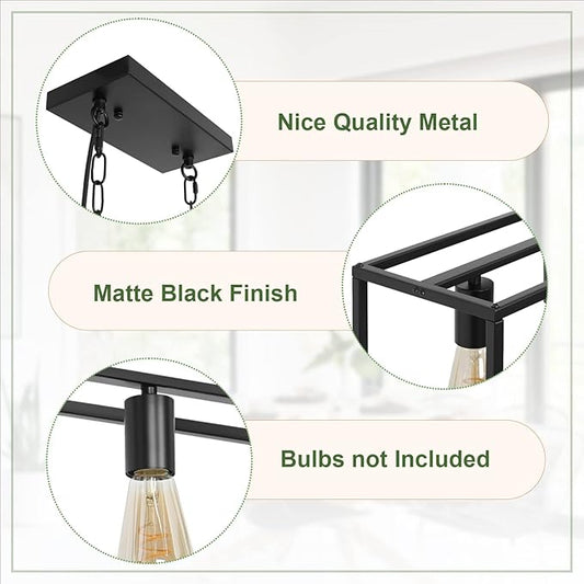 Black Farmhouse Plug in Kitchen Island Lighting, Industrial Modern 5-Light Linear Chandelier with 17.5ft Cord, Rectangular Light Fixtures for Dining Living Room Bar