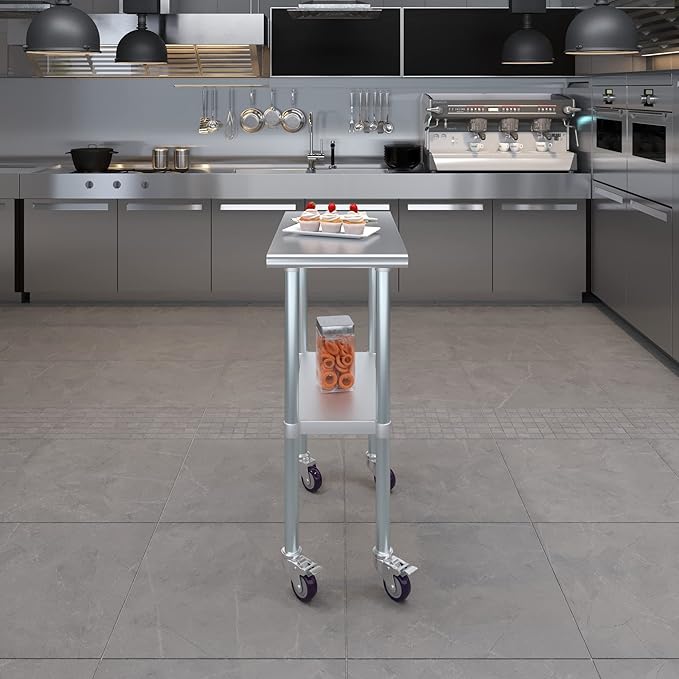 Stainless Steel Work Table with Wheels | NSF Kitchen Island Food Prep | Laundry Garage Utility Bench (Table + Wheels, 15" Long x 30" Deep)