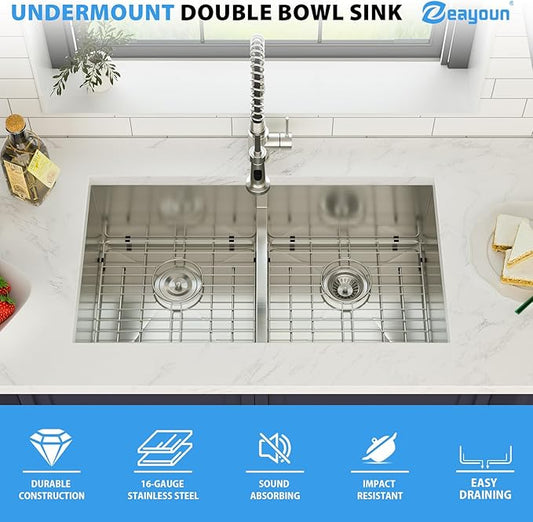 33 Inch Undermount Double Bowl Kitchen Sink 16 Gague 304 Stainless Steel Double Handmade Sinks 50/50 Large Deep Double Bowl Sinks 33"x19"x10"