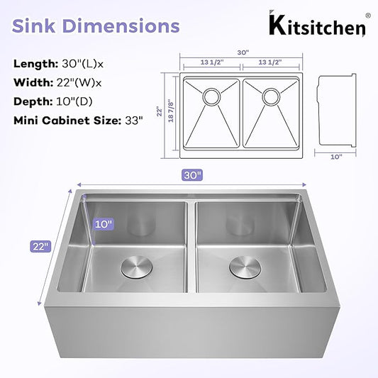 Kitsitchen 30 Inch Kitchen Sink, Undermount Farmhouse Kitchen Sink, 50/50 Double Bowl Undermount Kitchen Sinks, 16G Stainless Steel 30" x 22"x 10" Large and Deep Workstation Sink with Accessories