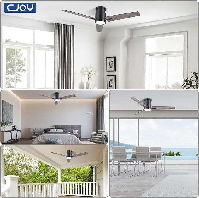 CJOY Ceiling Fan with Lights, 52 Inch Low Profile Ceiling Fans with Light and Remote, Reversible DC, Flush Mount, 3CCT,Dimmable, Modern Indoor/Outdoor Design for Bedroom, Living Room, Patio, Kitchen