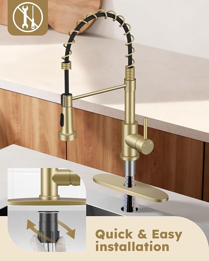 Arofa Kitchen Faucet with Pull Down Sprayer, Brushed Gold Kitchen Sink Faucet 1-3 Hole Single Handle High Arc Stainless Steel Commercial Modern Kitchen Faucets for RV/Laundry/Outdoor/Bathroom Sink