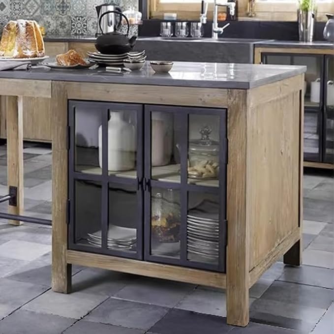 Island Table Farmhouse Kitchen Island with Cabinet Stone Top Wood Frame Freestanding Prep Table(Medium)