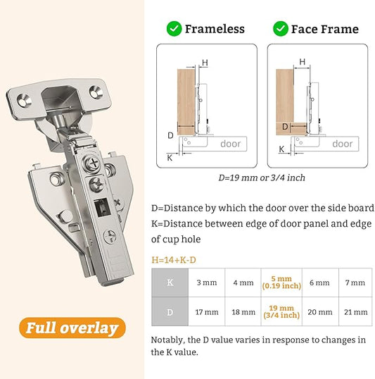 Chibery 10 Pack Full Overlay Cabinet Hinges, Face Frame & Frameless, 4D Adjustment, Soft Close 105ยฐ, Close Speed Control, Concealed Clip-On Plate, Smooth Slow Self Closing for Kitchen Corner, Cupboard