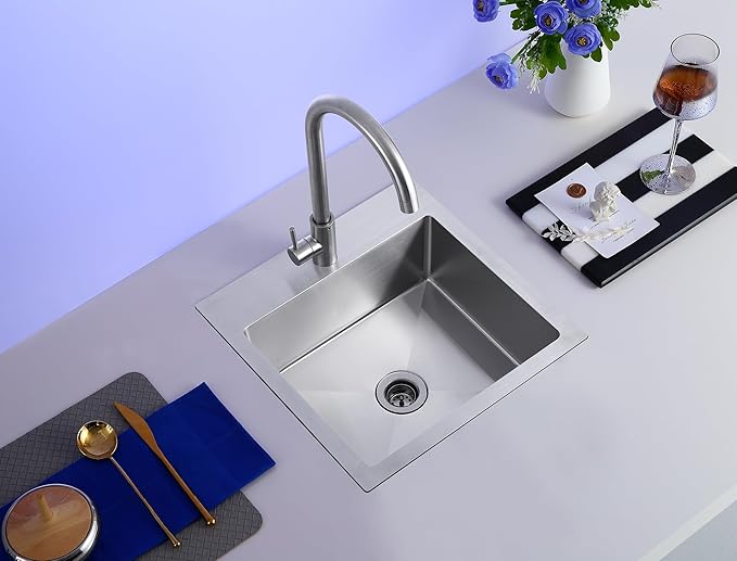 MENATT 15x15 inch Drop-in Bar Sink with 1 Faucet Hole, T-304 Stainless Steel Handmade Single Bowl Kitchen Rv Sink with 2" Drain Hole, Brushed
