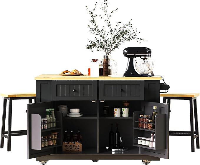 Ball & Cast 48" Large Kitchen Island with Power Outlet,Rolling Kitchen Cart on 5 Wheels W/Drop Leaf and 5 Open Side Racks,Kitchen Storage Cart W/Adjustable Shelf,for Kitchen,Dining Room,Black