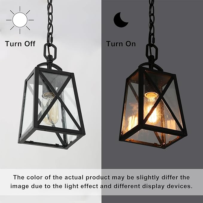 Outdoor Pendant Light Fixture, Farmhouse Exterior Anti-Rust Hanging Lights, Black Ceiling Outdoor Light with Seeded Glass, Hanging Lantern for Front Door, Entry, Porch, and Gazebo