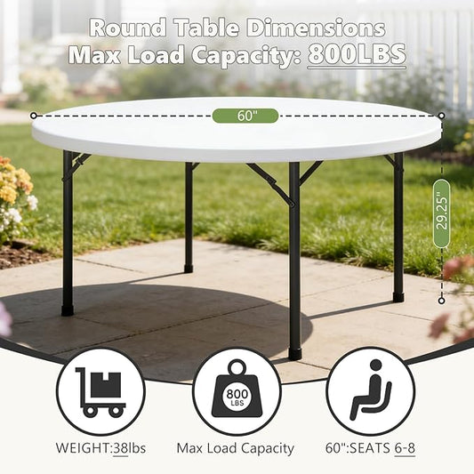 60" Folding Round Table, Plastic Dinner Table, Portable Folding Banquet Table for Living Room, Party or Outdoor Event, White