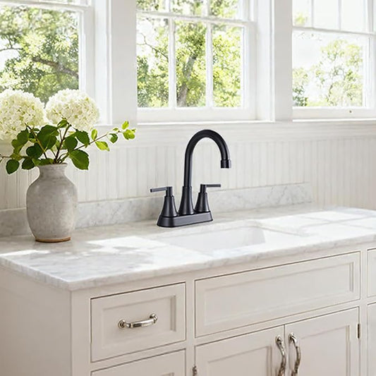 VCCUCINE Bathroom Faucets for Sink 3 Hole, Hurran 4 inch Matte Black with Pop-up Drain and 2 Supply Hoses, Stainless Steel 2-Handle Centerset Faucet for Sink Vanity