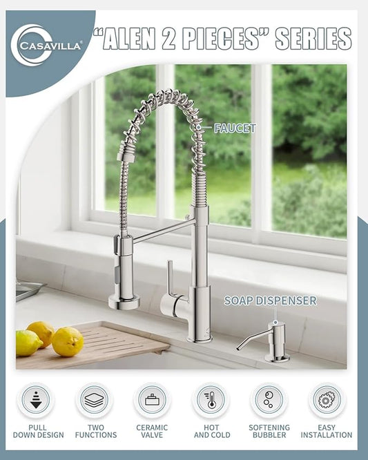 Kitchen Faucet, Kitchen Faucet with Soap Dispenser, Faucet for Camper Farmhouse RV Kitchen Sink, Single Handle Stainless Steel Kitchen Sink Faucets with Pull Down Sprayer, Nickel Brushed