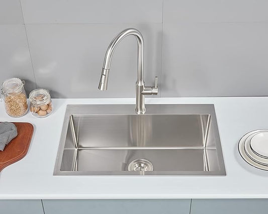 MENATT 30 inch Drop in Kitchen Sink, 304 Stainless Steel Single Bowl Topmount Kitchen Sink with 1 Hole, 9 inch Deep Single Bowl Sink, D30""xW18""xH9"", Brushed, OKL3018U-24