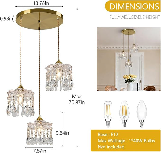 3-Light Brass Vintage Glass Pendant, Crystal Pendant Light, Adjustable Height Lighting for Kitchen Island, Dining Room, Farmhouse, Living Room (Round Chassis)