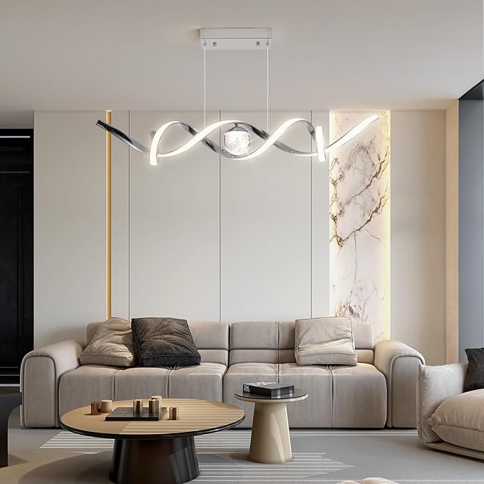 ORANOOR LED Modern Chandeliers for Dining Room, 39in Dimmable Chrome Chandelier Kitchen Pendant Lighting Over Island, Linear Wave Spiral Pendant Light Fixtures Dining Room Lights Ceiling Hanging, 36W