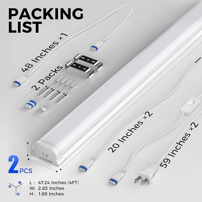 Barrina LED Shop Lights for Workshop 4FT, 6500K Super Bright, Hidden Wiring, 45W 5000LM, Linkable 4FT Light Fixture Cord with ON/Off, Frosted Cover, LED Ceiling Light for Garage, Kitchen, 2 Packs