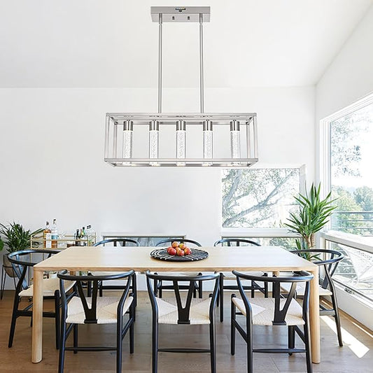 MELUCEE 5 Lights Chandeliers for Dining Room with Crystal Bubble, 25W 5 Color Dining Room Light Fixture Brushed Nickel, LED Island Lights for Kitchen Island Billiard Room, 3000-6000K Adjustable