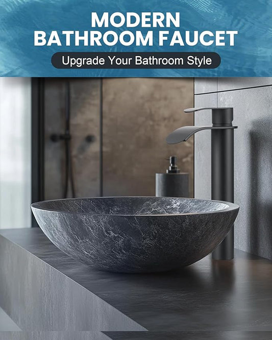 Vessel Sink Faucet Black for Bathroom:WOWOW Single Handle Tall Bathroom Faucet - Waterfall Single Hole Mixer Bar Tap with Large Rectangular Spout, Deck Mount Lavatory Vanity with Pop Up Drain