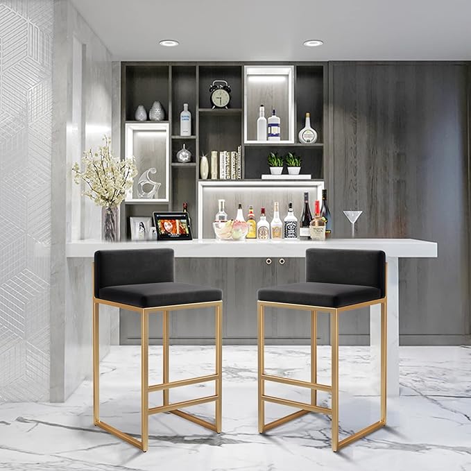 Velvet Stools with Low Back Mid-Century Upholstered Armless Chairs for Kitchen Island Home Pub Grey + Gold Sitting Height 65cm (Black + Gold 29.5in)