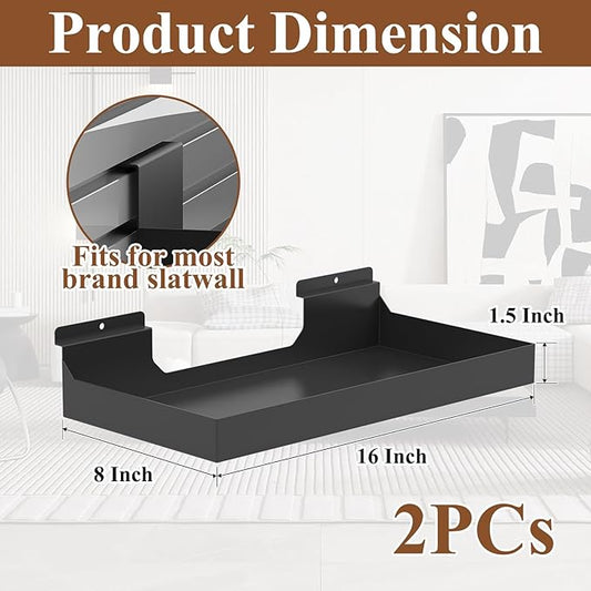2 Pcs 16X8 Inch Slatwall Shelves, Heavy Duty Slatwall Baskets, Metal Slat Wall Shelves Accessories, Metal Retail Display for Storage and Organization, Black