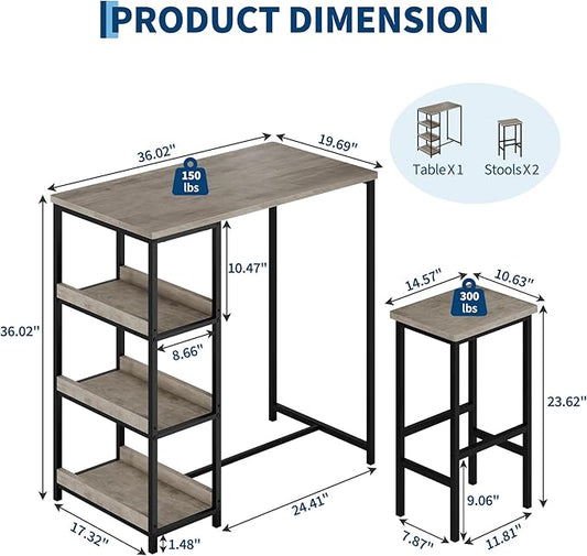 GarveeHome 3-Piece Kitchen Table Set with Storage Shelves & 2 Bar Stools - Iron and Wood Dining Table for Small Spaces, Apartments, Condos, Grey