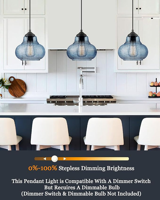ELYONA 8 Inch Pendant Light for Kitchen Island Modern Blue Hand Blown Bubble Glass Pendant Lighting Hanging Light fixtures for Dining Room Bar Bedroom Living Room