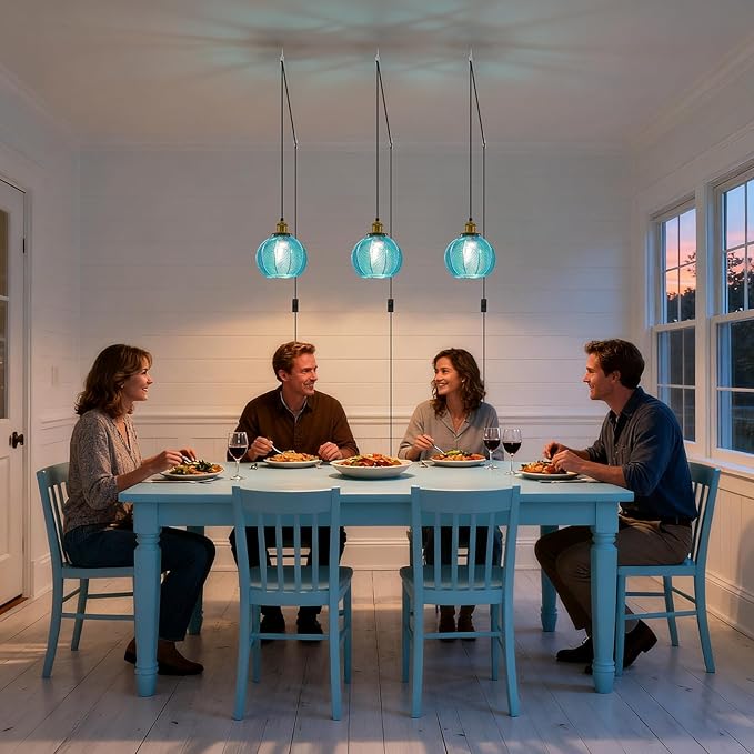 Modern Plug in Hanging Light, 7.8 Inch Glass Pendant Light with 14.76 FT Adjustable Plug in Cord, Vintage Blue Hanging Lamp for Dining Room Bedroom Kitchen Island Bathroom E26