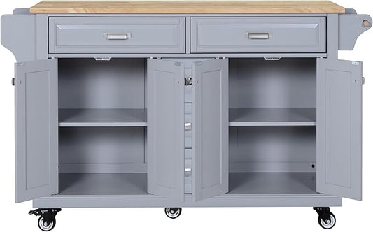 GOWE Kitchen Island with Rubber Wood Countertop, Kitchen Cart on 5 Wheels with Storage Cabinet and 5 Drawers for Dinning Room, Grey