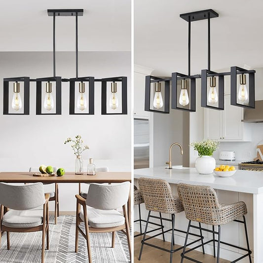 9MMML 4 Lights Wood Chandelier,Industrial Rectangle Linear Dining Room Pendant Light, Black Wood Frame+Gold E26 Socket,Kitchen Island Light for Hallway Bar Pool Table, Height Adjustable