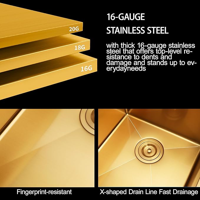 Gold Kitchen Sink,33 X 22 inch Drop in Kitchen Sinks Double Bowl,16 Gauge Stainless Steel 50/50 Double Sink,Top Mount/Drop In Double Kitchen Sink 33 inch