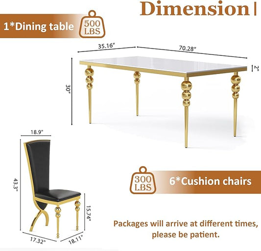 Glass Dining Table Set for 6, Luxurious 70 Inch Rectangular Glass Kitchen Table with 6 Black High Back Leather Chairs, for Dining Room, Restaurant, Living Room (White Top)