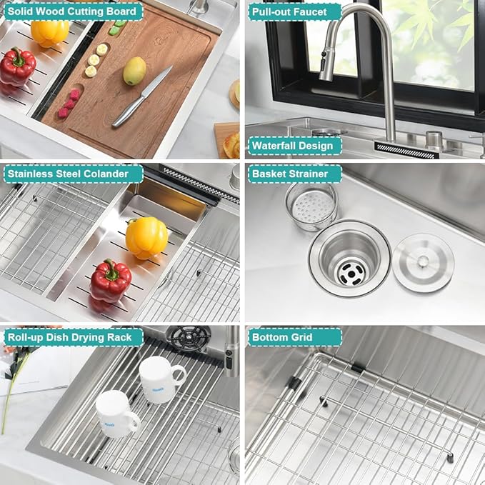 33 Inch Waterfall Kitchen Sink Drop In-iAnomla 33x19 Stainless Steel Drop In Kitchen Sink Workstation Modern Sinks 16 Gauge Single Bowl Deep Smart Sinks with Faucet and Cup Washer Combo