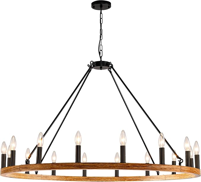 16-Light Wagon Wheel Chandelier Farmhouse, 43 Inch Large Chandeliers for High Ceilings, Modern Rustic Farmhouse Chandelier for Dining Room, Living Room, Entryway, Black&Khaki