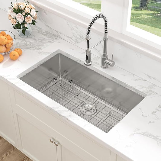 Sarlai 33 Inch Undermount Kitchen Sink - 33 x19 Kitchen Sink Undermount Single Bowl Stainless Steel 16 Gauge Under Counter Sink With Accessories Round Corners