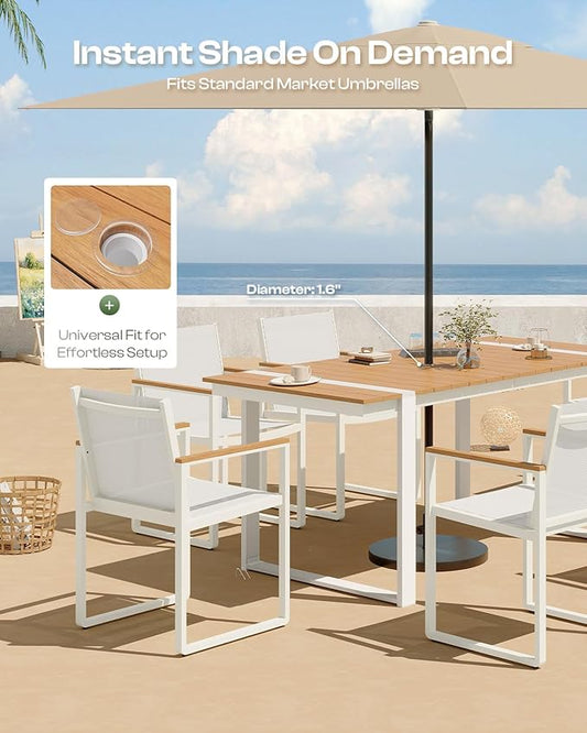 Outdoor Dining Set, HDPS + Aluminum Patio Table and Chairs Set with U-Shaped Base, 7 Piece Outdoor Furniture Set with Umbrella Hole, Patio Dining Table Set for Garden, Backyard (White-Teak)