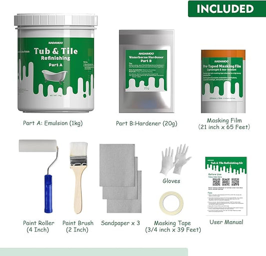 NADAMOO Tub and Tile Refinishing Kit (1kg / 35 oz, with tools), Bathtub Sink Countertop DIY Paint Kit for Bathroom Kitchen Porcelain Fiberglass, Semi-gloss White Coat
