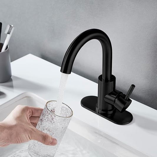 Matte Black Bathroom Sink Faucet Single Hole, Modern Single Handle Bathroom Faucet Commercial Stainless Steel Bar Faucet Laundry Sink Faucet with Drain