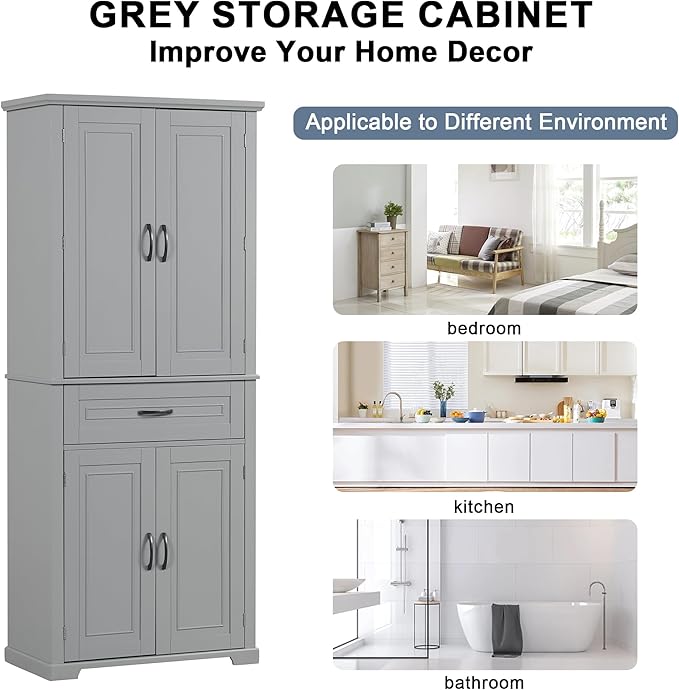 Storage Cabinet with 4 Doors and Drawers, 72.2" H Kitchen Cabinet with 6 Door Shelves, Kitchen Storage Cabinets with Adjustable Shelves for Living Room, Gray