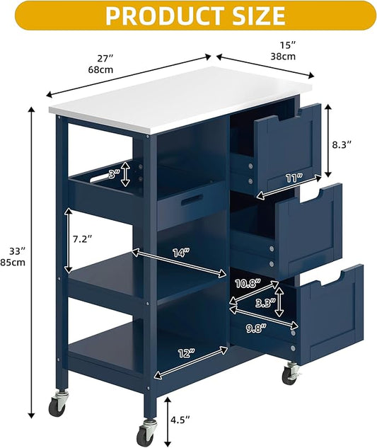 DWVO Solid Wood Top Rolling Kitchen Island Cart, 3 Tier Mobile Kitchen Storage Island Cart with 3 Drawers and 3 Opening Storage Shelves for Kitchen & Dining Area, Navy Blue