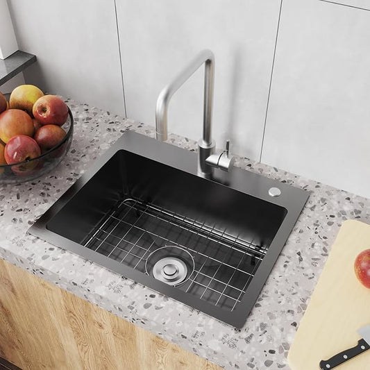 20" x 16" Drop in Kitchen Sink 304 Stainless Steel Single Bowl Topmount Bar Sink with Drain Kit and Bottom Grid, Black