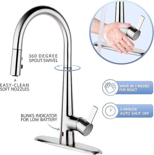 E8305xxxxx Touchless Faucets with Pull Down Sprayer, Motion Sensor Activated, 360 Degree Swivel, Brass Finish, 1.34-1.50 Inch Hole Diameter
