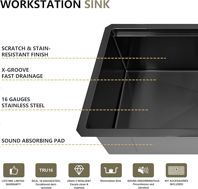 30 Inch Undermount Black Kitchen Sink,16 Gauge Stainless Steel Kitchen Sink Single Bowl, 30"x19"x9" Ledge Workstation Sinks With All Accessories, Multi-Functional Workstation Sinks