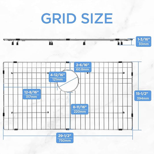 Sanycasa Stainless Steel Kitchen Sink Grid – 29-1/2” x 15-1/2” Sink Protector for Single Bowl Sinks – Rear Drain with Corner Radius 3/8", Durable Sink Grate & Drying Rack for Glassware