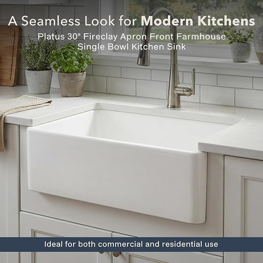 Houzer Kitchen Sink Upgrade Bundle - Platus Fireclay Series 30" Farmhouse Apron Front Sink with Sink Basket Strainer and Stainless Steel Sink Bottom Grid - PTS-4100 WH-C