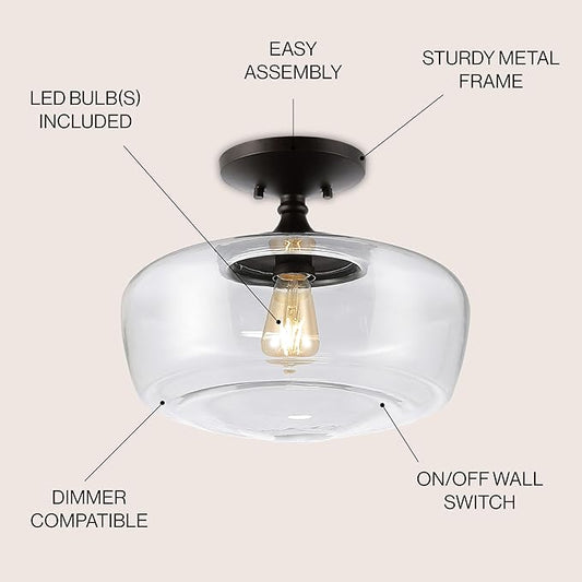 JONATHAN Y 14" Oil Rubbed Bronze Modern Farmhouse LED Flush Mount Light Fixture, Clear Glass Shade, Rustic Industrial Schoolhouse Lamp for Kitchen Hallway Bedroom JYL7517A