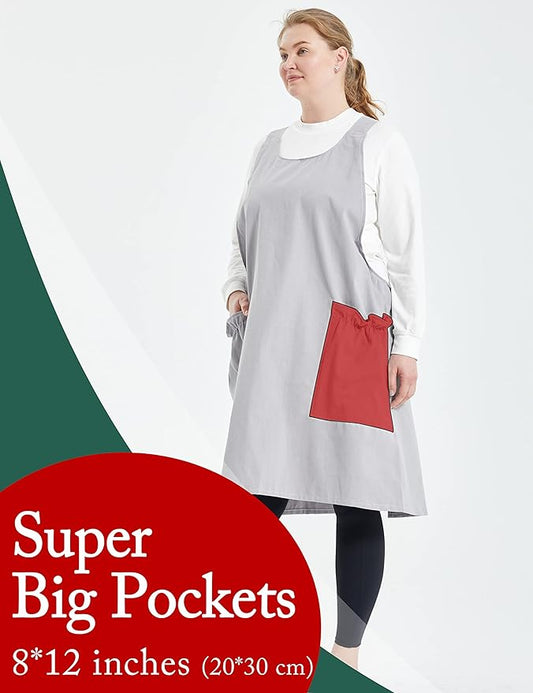 Big Plus Size Aprons for Women with Pockets Cotton Linen Baking Kitchen Cooking