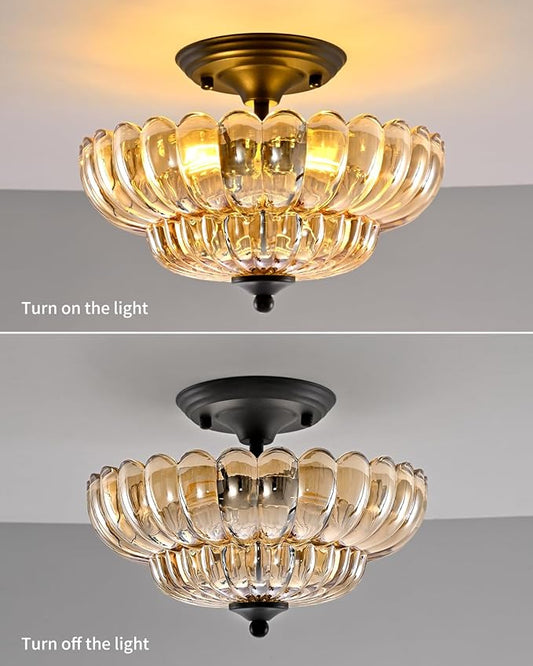 Black Semi Flush Mount Ceiling Light with Amber Glass Shades, 3-Light Modern Farmhouse Chandelier for Kitchen, Bathroom, Hallway, and Entryway