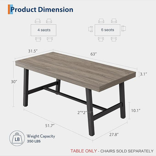 GarveeHome 63 Inch Compact Rectangular Table for Dining Room & Kitchen, Industrial Dining Table for 4-6 People, Heavy Duty Metal Frame, Grey Walnut