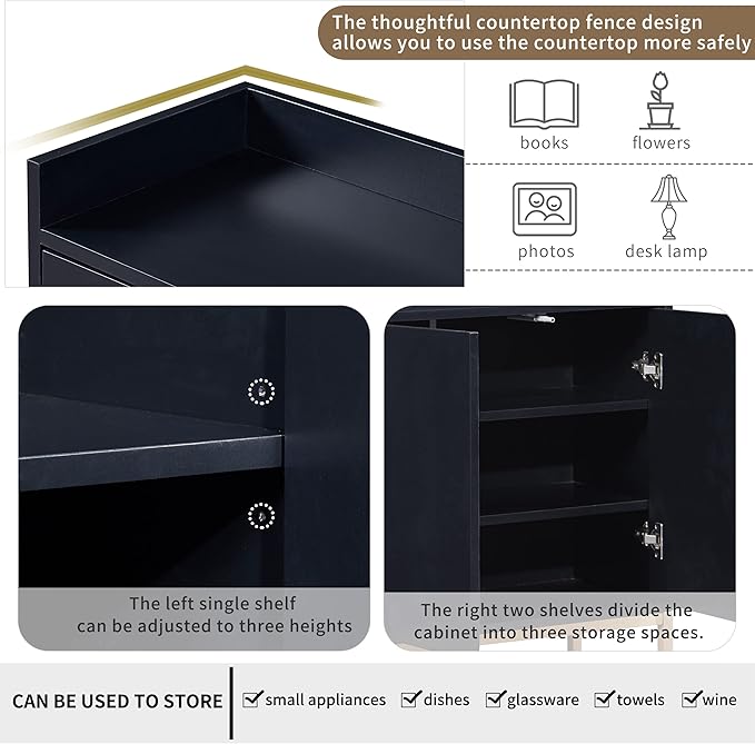 LUMISOL Modern Wood Kitchen Storage Sideboard Buffet Cabinet Console Table with Doors Wood Coffee Bar Cabinet with Shelves and Metal Base